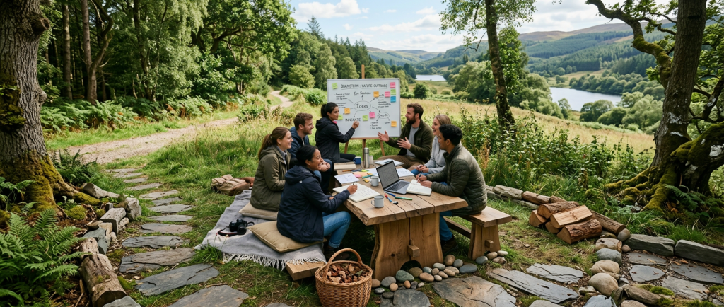 Group of six people having a brainstorming meeting outdoors with whiteboard and laptop